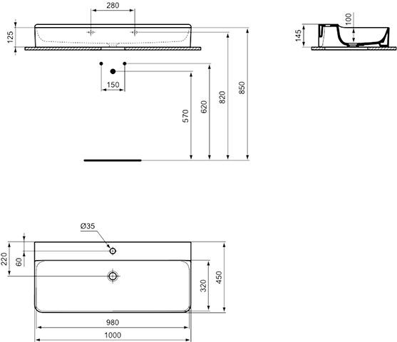 Ideal Standard Hangende Wastafel CONCA 1 gat 1000x145x450mm Wit