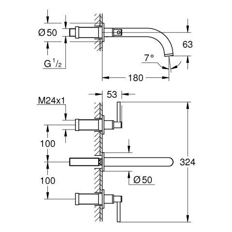 Wastafelkraan Voor Wandmontage Grohe Atrio 3 gaten hendelgreep Warm Sunset