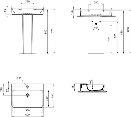 Ideal Standard Hangende Wastafel CONCA 1 gat IdealPlus 600x145x450mm Wit Ideal +