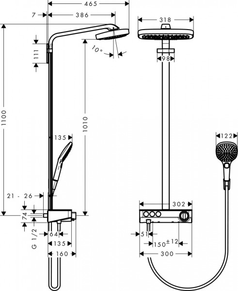 hansgrohe Raindance Select E 300 3jet Showerpipe - 3 straalsoorten - hartafstand 150 mm ± 12 mm