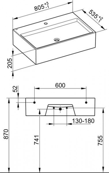 Hangende Wastafel Keuco Edition 90, 1 gat, 805x205x535mm, Mineraal Gietijzer Wit