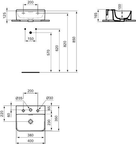 Ideal Standard Fontein Toilet CONCA 3 Gaten met overloop 400x165x350mm Wit