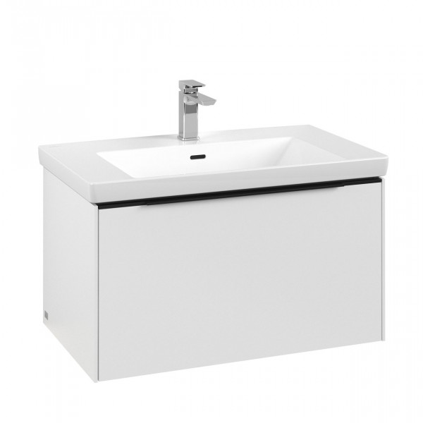 Villeroy & Boch Subway 3.0 wastafelonderkast 80x40x45cm met Volcano Black greep 1 softclose lade met LED verlichting 1 sifonuitsparing spaanplaat Pure White C573L1VF