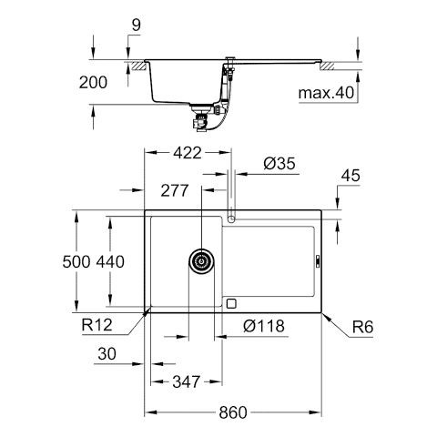 Grohe Inbouw Spoelbak K500 860x500x200mm