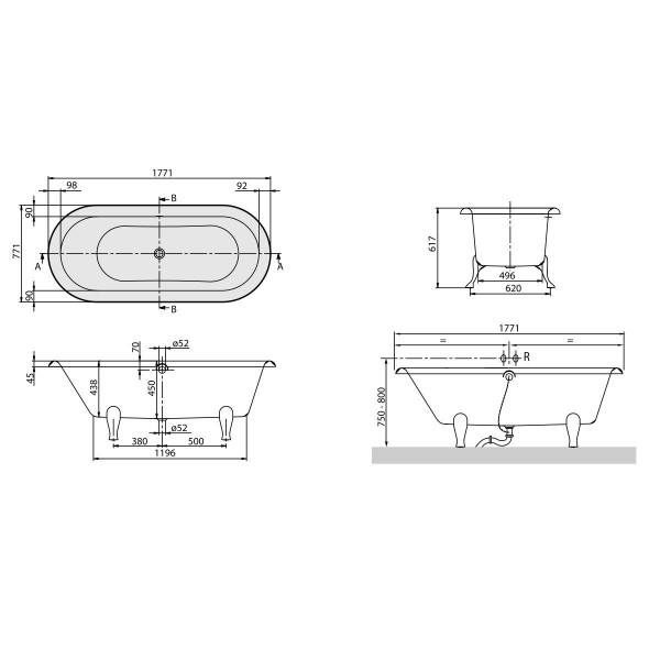 Villeroy en Boch Hommage kunststof duobad quaryl ovaal vrijstaand 177x77x45cm incl. poten wit UBQ180HOM7W0V01