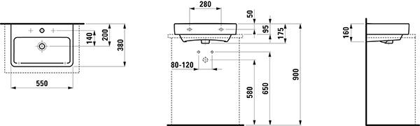 Opbouw Wastafel Laufen PRO S Compact 1 gat, overloop 380x175x550mm Wit