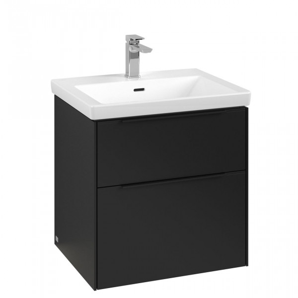 Villeroy & Boch Subway 3.0 wastafelonderkast 60x55x45cm met Volcano Black greep 2 softclose lades met LED verlichting 1 sifonuitsparing spaanplaat volcano black c578l1vl