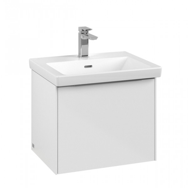 Villeroy & Boch Subway 3.0 wastafelonderkast 55x40x40cm met aluminium glanzende greep 1 softclose lade met LED verlichting 1 sifonuitsparing spaanplaat Brilliant White C579L0VE