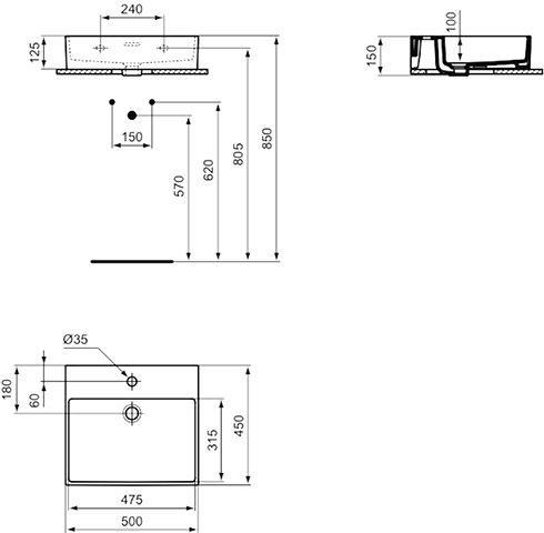 Ideal Standard Hangende Wastafel EXTRA 1 gat met overloop IdealPlus 500x150x450mm Wit Ideal +