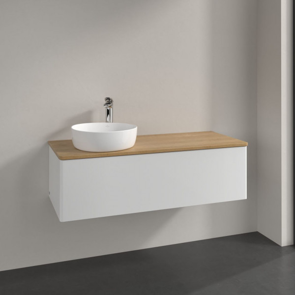 Meuble Pour Vasque à Poser Villeroy et Boch Antao à gauche Lumière 1 trou 1 tiroir 1200x360x500mm Glossy White Lacquer/Honey Oak