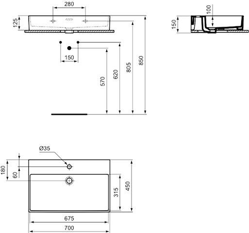 Ideal Standard Hangende Wastafel EXTRA geslepen, 1 gat met overloop IdealPlus 700x150x450mm Wit I...