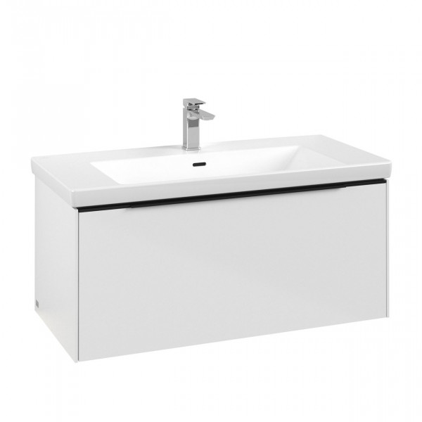 Villeroy & Boch Subway 3.0 wastafelonderkast 100x40x45cm met Volcano Black greep 1 softclose lade met LED verlichting 1 sifonuitsparing spaanplaat Brilliant White C569L1VE