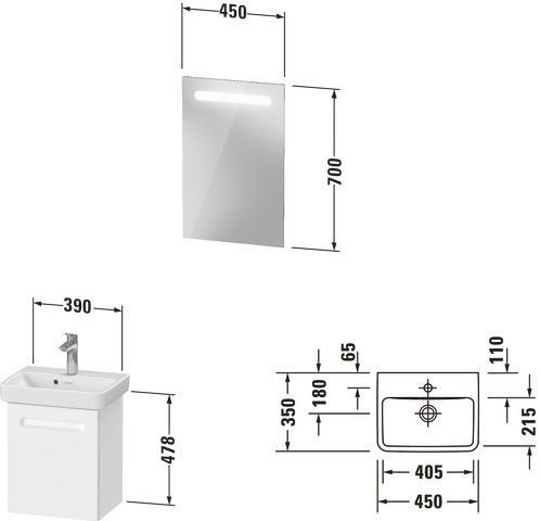 Badkamermeubel Set Duravit No.1 Onderkast, linkse uitvoering, wastafel, spiegel 450mm Mat Wit