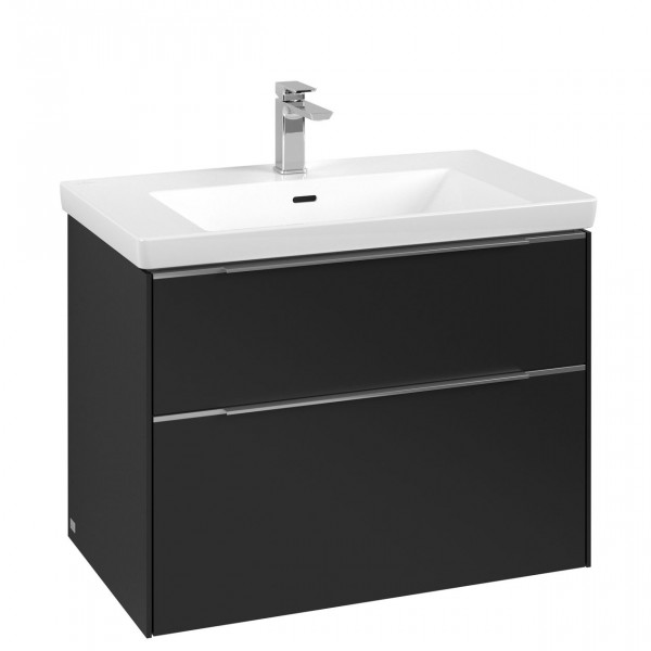 Villeroy & Boch Subway 3.0 wastafelonderkast 80x55x45cm met aluminium glanzende greep 2 softclose lades 1 sifonuitsparing spaanplaat volcano black c57400vl