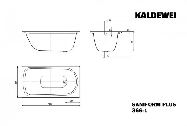 Kaldewei Ligbad Saniform Plus 1400x750x480mm Model 366 Pergamon 113734013231