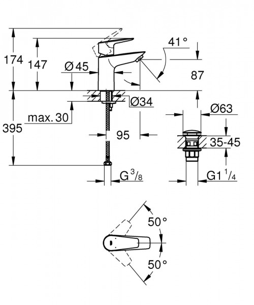 Handwas Kranen Grohe BauEdge LowFlow met Push-Open afvoer Chroom