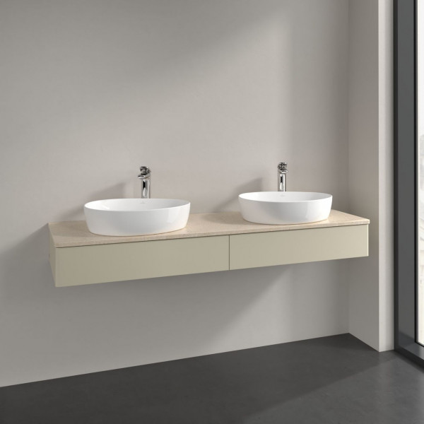 Meuble Double Vasque Villeroy et Boch Antao 2 x 1 trou 2 tiroirs en longueur 1600x190x500mm Silk Grey Matt Lacquer/Boticcino