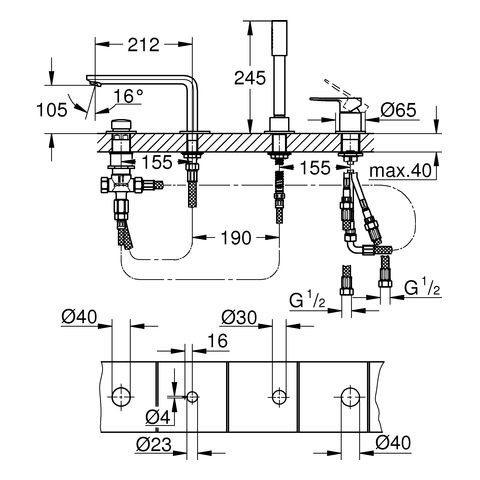 Grohe Lineare New afbouwdeel v. 4-gats badrandcombinatie m. baduitloop m. handdouche en doucheslang 200cm brushed hard graphite 19577AL1