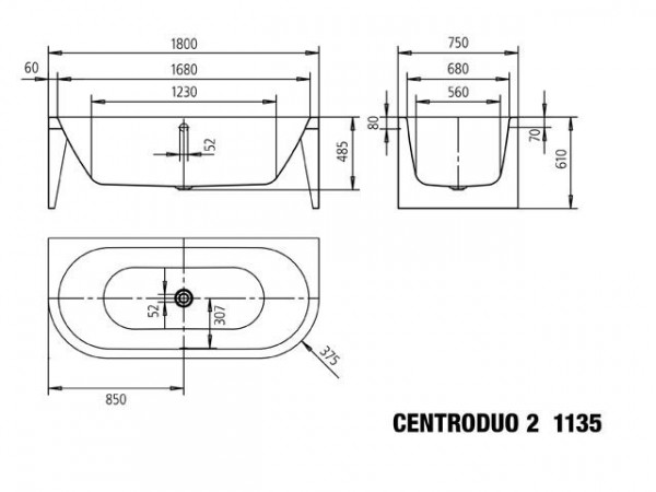 Kaldewei Ligbad Centro Duo 2 1800x800x470mm met 2 afgeronde hoeken Model 1135 Alpenwit 202340403001