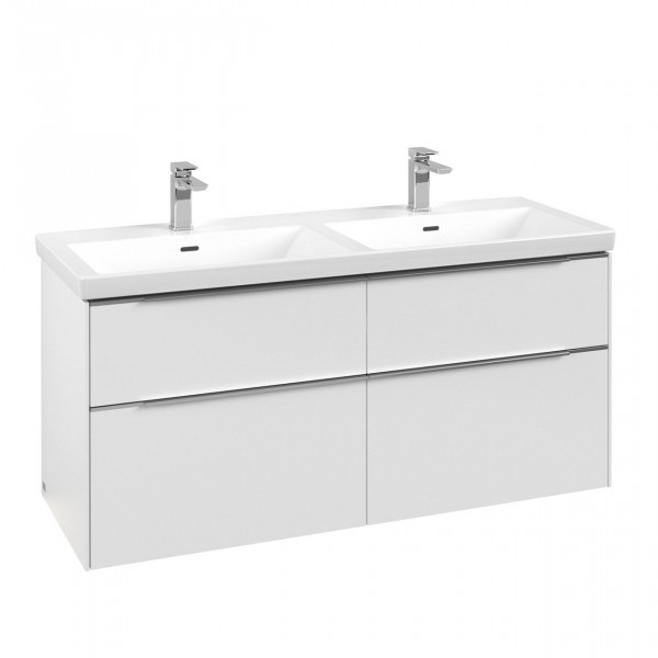 Villeroy & Boch Subway 3.0 wastafelonderkast 130x55x45cm met aluminium glanzende greep met LED verlichting 2 sifonuitsparingen links en rechts spaanplaat Pure White C568L0VF