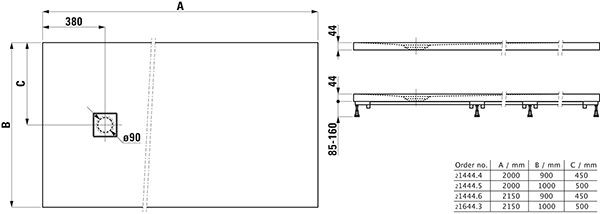 Douchebak Rechthoekig Laufen SOLUTIONS korte zijde ontlading 2000x1000x44mm Wit