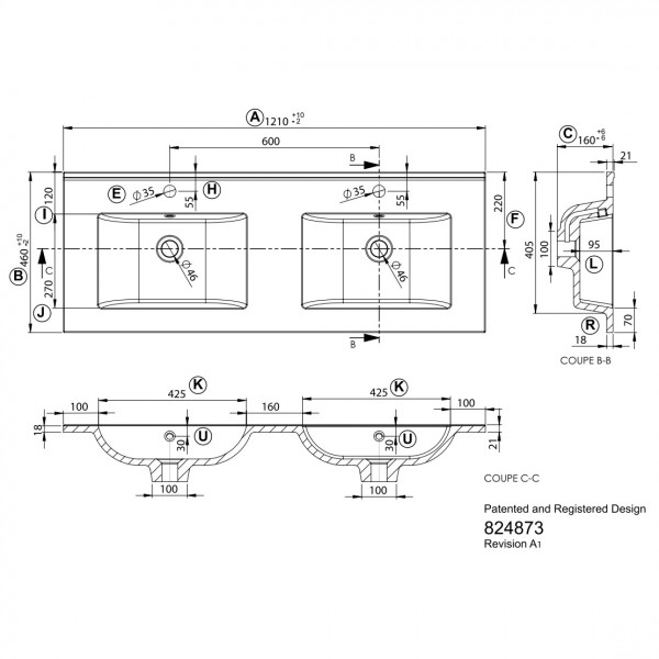 Wastafel Allibert Primo 120,5x1,8x46,2 cm Dubbel Glanzend Wit