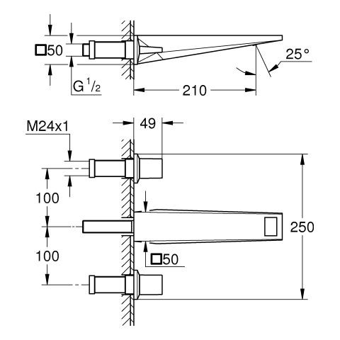 Wastafelkraan Voor Wandmontage Grohe Allure Brilliant 3 gaten 210mm Chroom