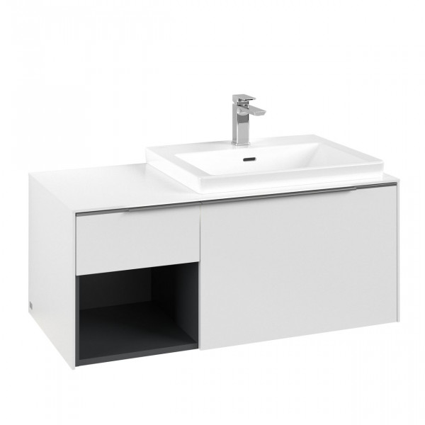 Villeroy & Boch Subway 3.0 wastafelonderkast 100x40x50cm met aluminium glanzende greep met LED verlichting 1 sifonuitsparing rechts spaanplaat Pure White C571L0VF