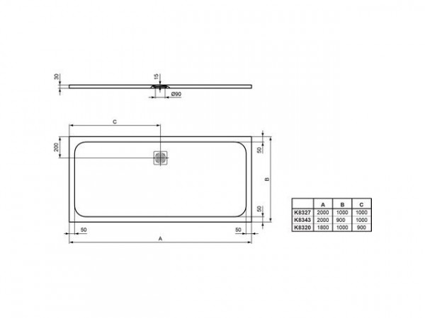 Ideal Standard Douchebak Rechthoekig ULTRA FLAT S afvoer kleine zijde 30mm