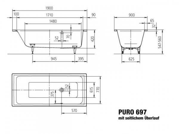 Kaldewei Standaard Bad met zijoverloop model 697 Puro (259723000)