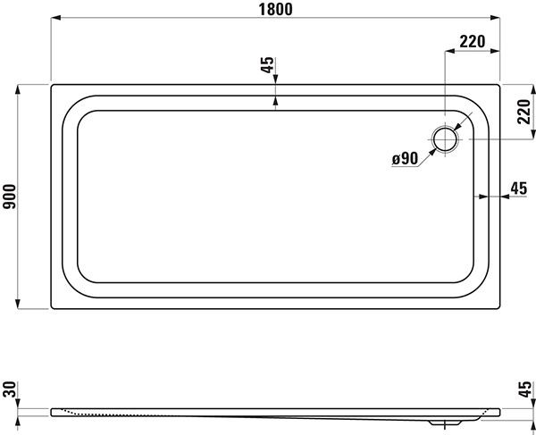 Douchebak Rechthoekig Laufen PLATINA zijafvoer 1800x900x45mm Wit