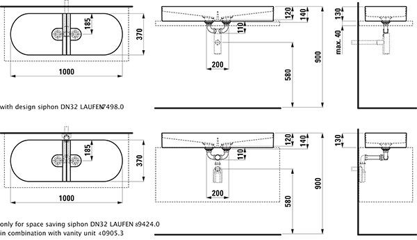 Opbouw Wastafel Laufen SONAR 370x140x1000mm Wit Clean Coat