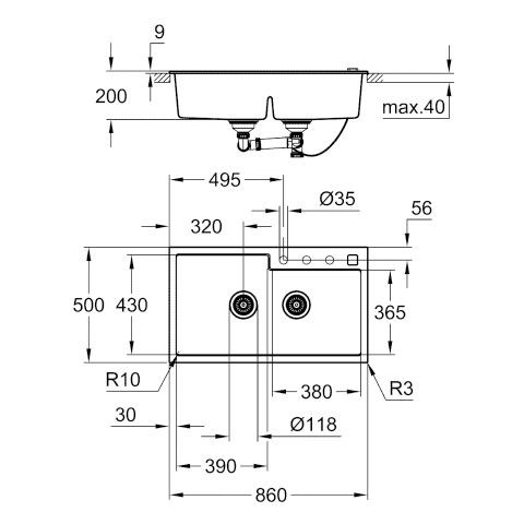 Grohe Inbouw Spoelbak K500 Met excentrische bediening 860x500x200mm