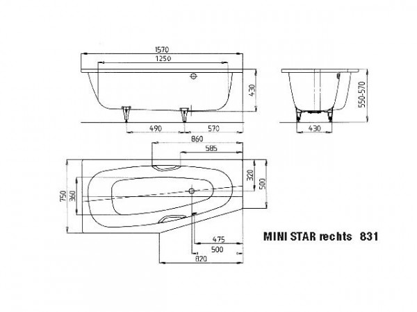 Kaldewei Hoekbad rechts 831 Mini Star (224700010)