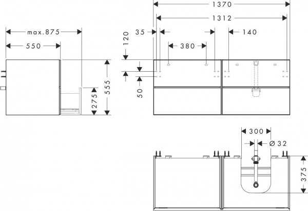 Wastafelmeubel Voor Opzet Waskom Hansgrohe Xevolos E 4 laden Rechtsscharnier 1370x550x555mm Mat L...