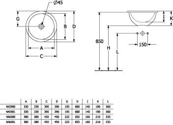 Onderbouwwastafel Villeroy en Boch Loop & Friends Rond, Met overloop 450x210mm Wit alpin