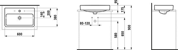 Opbouw Wastafel Laufen PRO S overloop, plank 380x175x600mm Wit Clean Coat