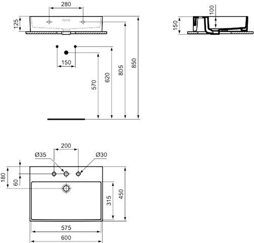 Ideal Standard Hangende Wastafel EXTRA 3 Gaten met overloop 600x150x450mm Wit