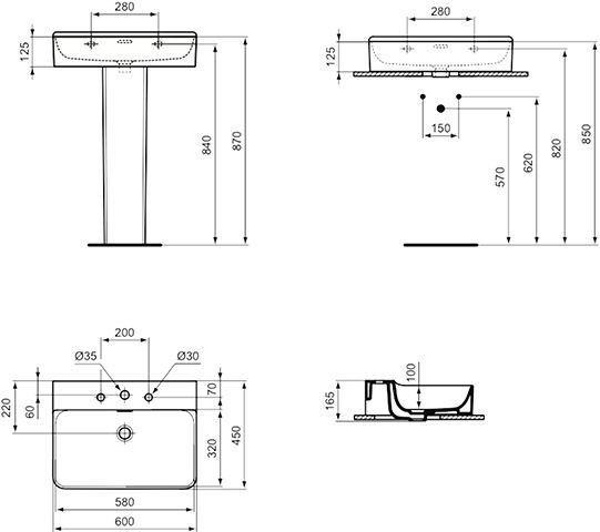 Ideal Standard Hangende Wastafel CONCA geslepen, 3 Gaten met overloop IdealPlus 600x165x450mm Wit...