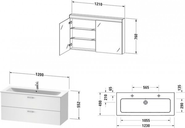 Badkamermeubel Set Duravit XBase Wastafelonderkast, Dubbele wastafel, Spiegelkast 1230mm Grafiet Mat