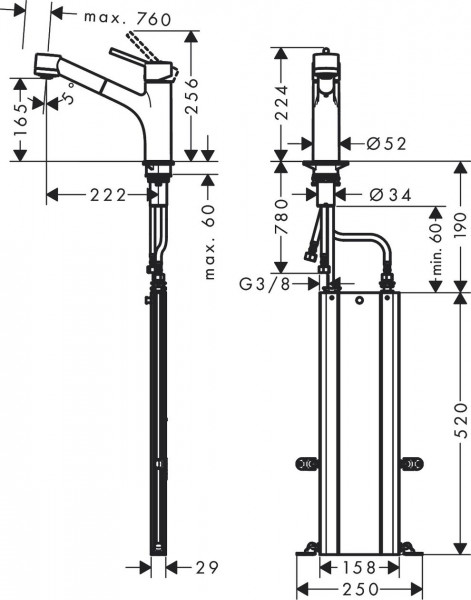 Hansgrohe SBox16-H170 Eéngreeps keukenmengkraan met uittrekbare vaatdouche SBox (73860)