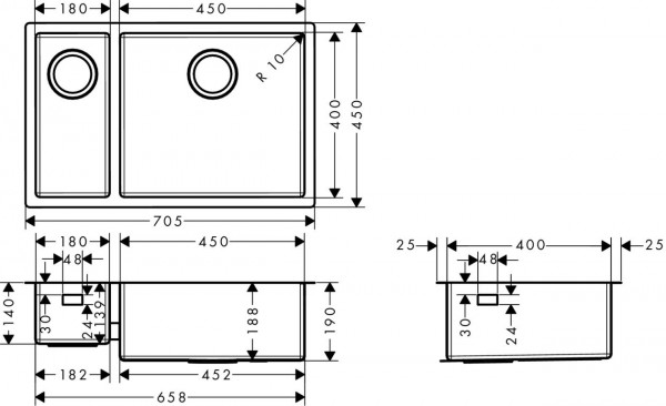 Hansgrohe S719-U655 Onderbouwspoelbak 180/450mm S71 (43429800)