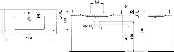 Opbouw Wastafel Laufen PRO S 3 gaten, overloop 460x175x1050mm Wit