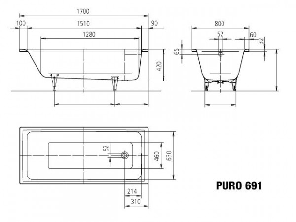 Kaldewei Puro bad plaatstaal rechthoekig 170x80x42cm wit 259100010001