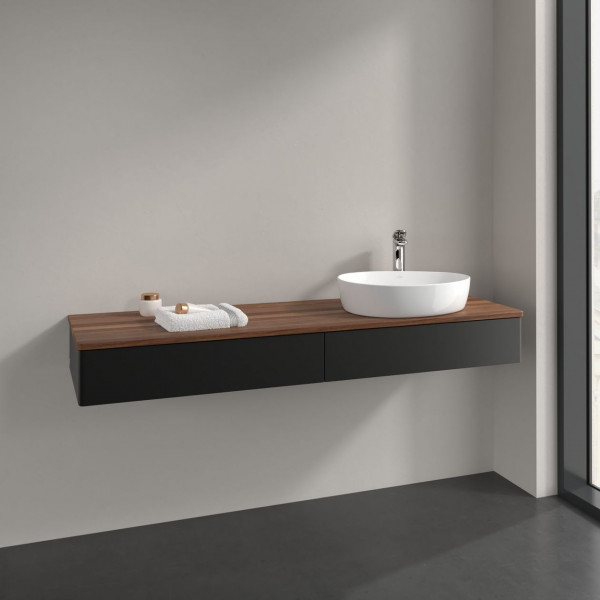 Meuble Pour Vasque à Poser Villeroy et Boch Antao à droite Lumière 1 trou 2 tiroirs en longueur 1600x190x500mm Black Matt Laquered/Warm Walnut