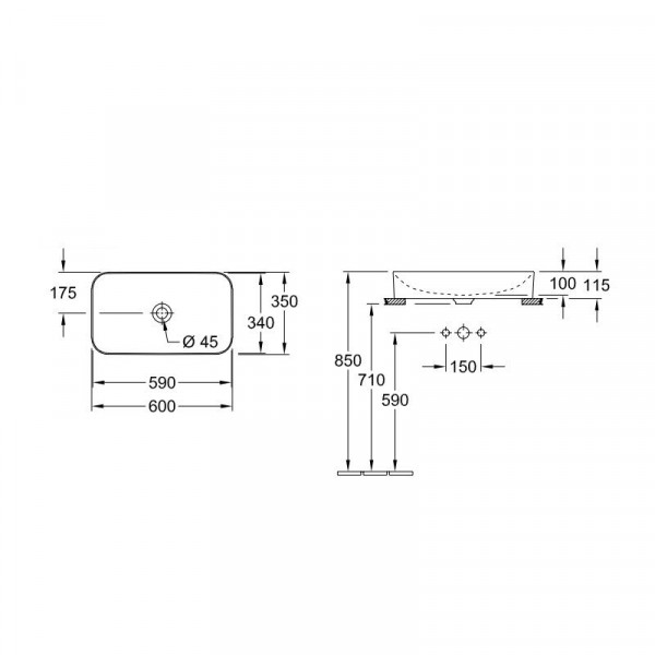 Villeroy & Boch Finion opzetwastafel 60x35cm ceramic+ zonder overloop wit 414361r1