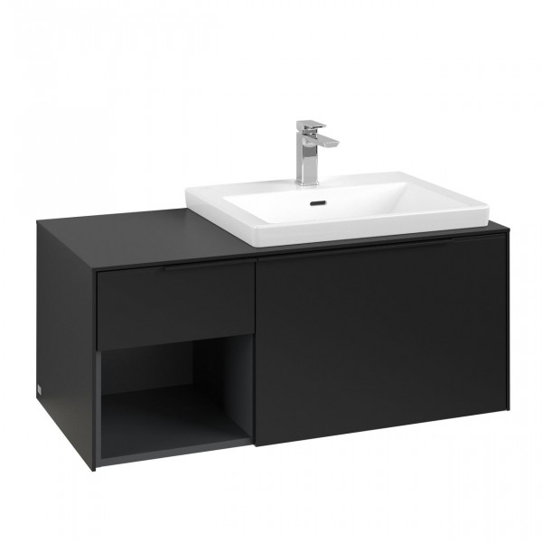 Villeroy & Boch Subway 3.0 wastafelonderkast 105x40x50cm met Volcano Black greep 2 softclose lades met LED verlichting 1 sifonuitsparing rechts spaanplaat volcano black c571l1vl