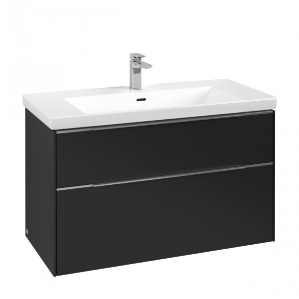 Villeroy & Boch Subway 3.0 wastafelonderkast 100x55x45cm met aluminium glanzende greep 2 softclose lades 1 sifonuitsparing spaanplaat volcano black c57000vl