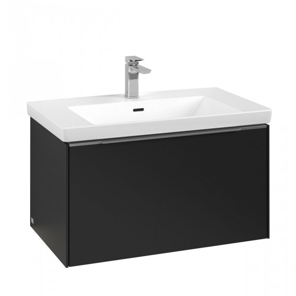 Villeroy & Boch Subway 3.0 wastafelonderkast 80x40x45cm met aluminium glanzende greep 1 softclose lade met LED verlichting 1 sifonuitsparing spaanplaat volcano black c573l0vl