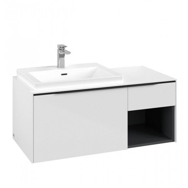 Villeroy & Boch Subway 3.0 wastafelonderkast 100x40x50cm met Volcano Black greep 1 sifonuitsparing links spaanplaat Brilliant White C57201VE